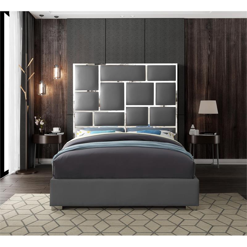 Maklaine 70''H x 65.5''W x 84.5''D Solid Wood and Faux Leather Queen Bed in Gray