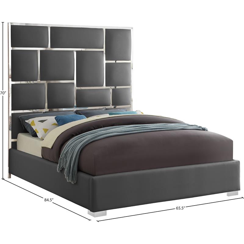 Maklaine 70''H x 65.5''W x 84.5''D Solid Wood and Faux Leather Queen Bed in Gray