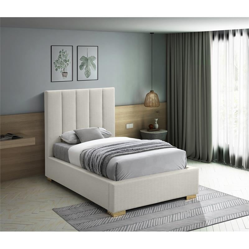 Maklaine Linen Beige Twin Bed Rectangular Deep Channel Tufted Headboard 54.5