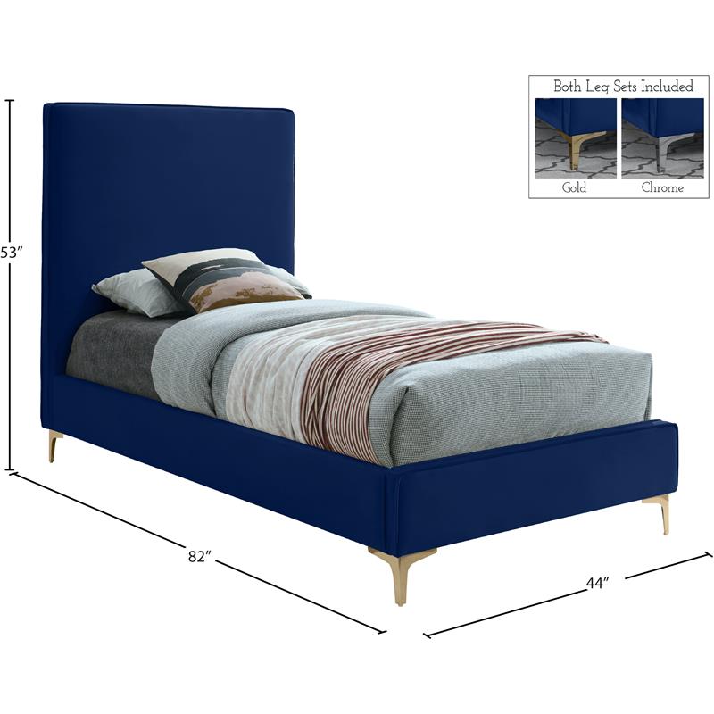 Maklaine Navy Velvet Twin Bed with Gold and Chrome Legs Included