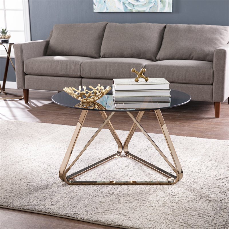 Maklaine Transitional Round Cocktail Table in Champagne with Smoked Glass