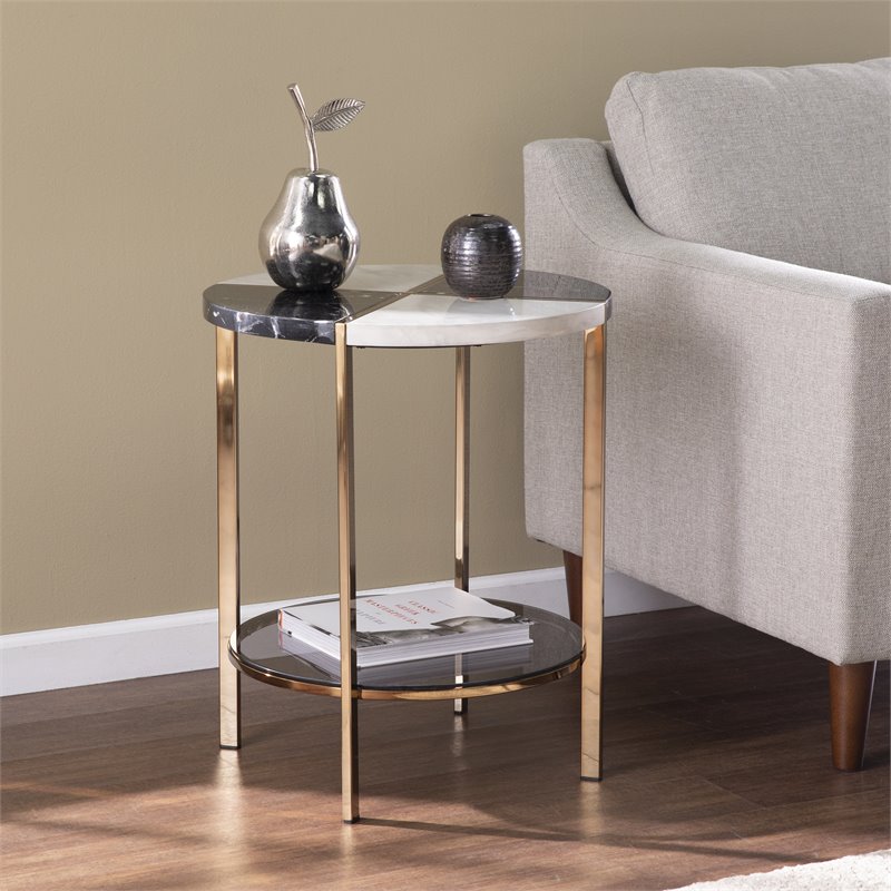 Maklaine Transitional Round Metal - Faux Marble End Table in Black - White