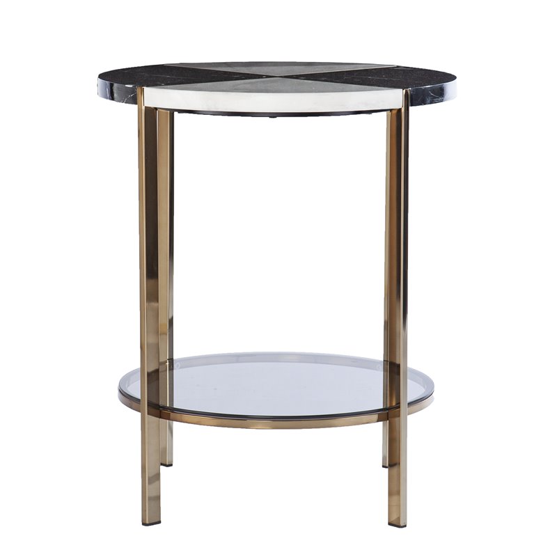 Maklaine Transitional Round Metal - Faux Marble End Table in Black - White