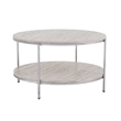 Maklaine Transitional Round Faux Travertine Stone Cocktail Table in Chrome
