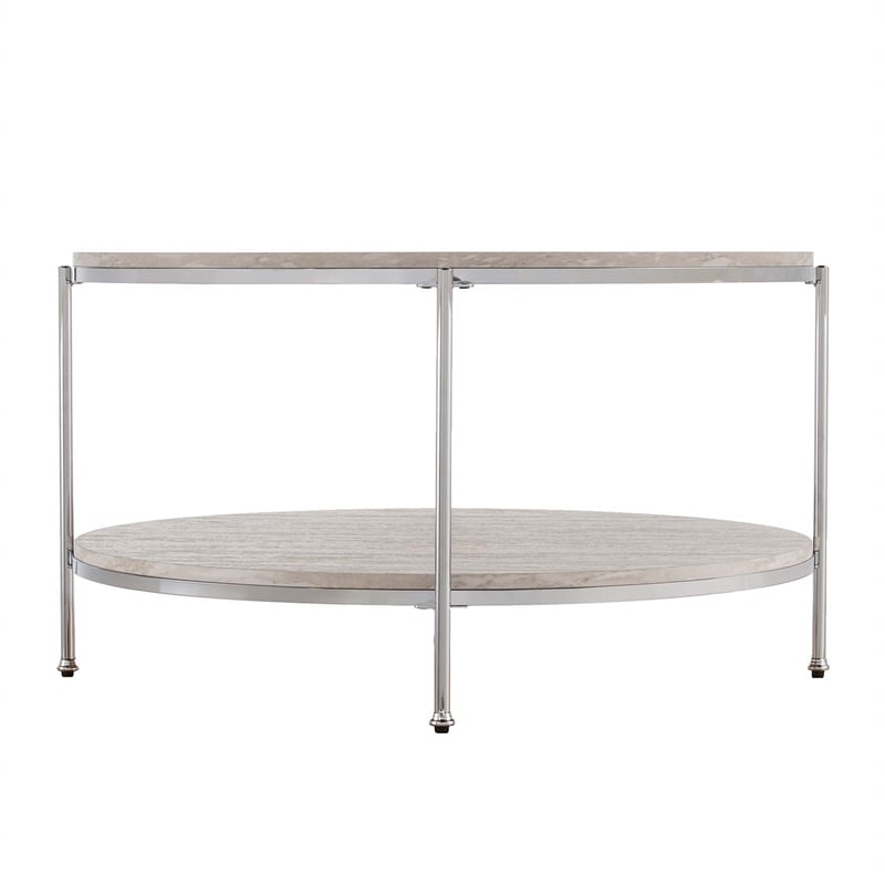 Maklaine Transitional Round Faux Travertine Stone Cocktail Table in Chrome