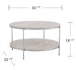 Maklaine Transitional Round Faux Travertine Stone Cocktail Table in Chrome