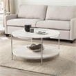 Maklaine Transitional Round Faux Travertine Stone Cocktail Table in Chrome