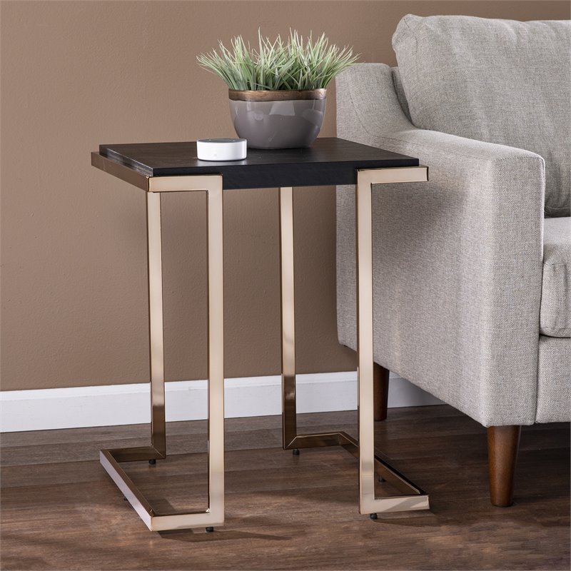 Maklaine Transitional Faux Shagreen Table Top End Table in Black - Champagne
