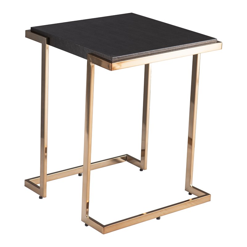 Maklaine Transitional Faux Shagreen Table Top End Table in Black - Champagne