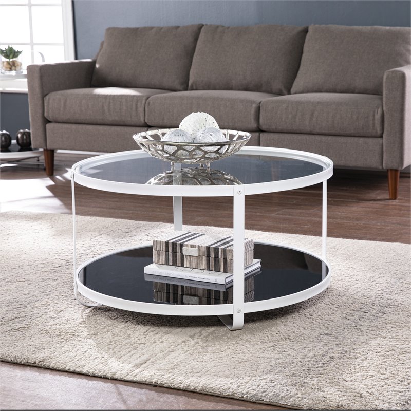 Maklaine Tempered Glass Top Cocktail Table in Black and White