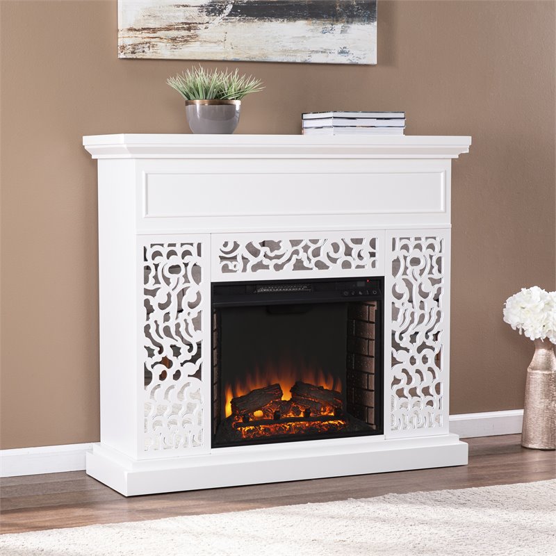 Maklaine Contemporary Electric Fireplace in White with Mirror