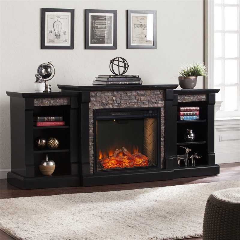 Maklaine Transitional Engineered Wood Smart Fireplace with Bookcases in Black