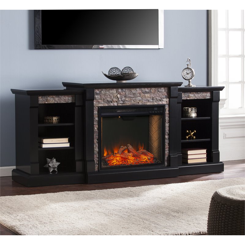Maklaine Transitional Engineered Wood Smart Fireplace with Bookcases in Black