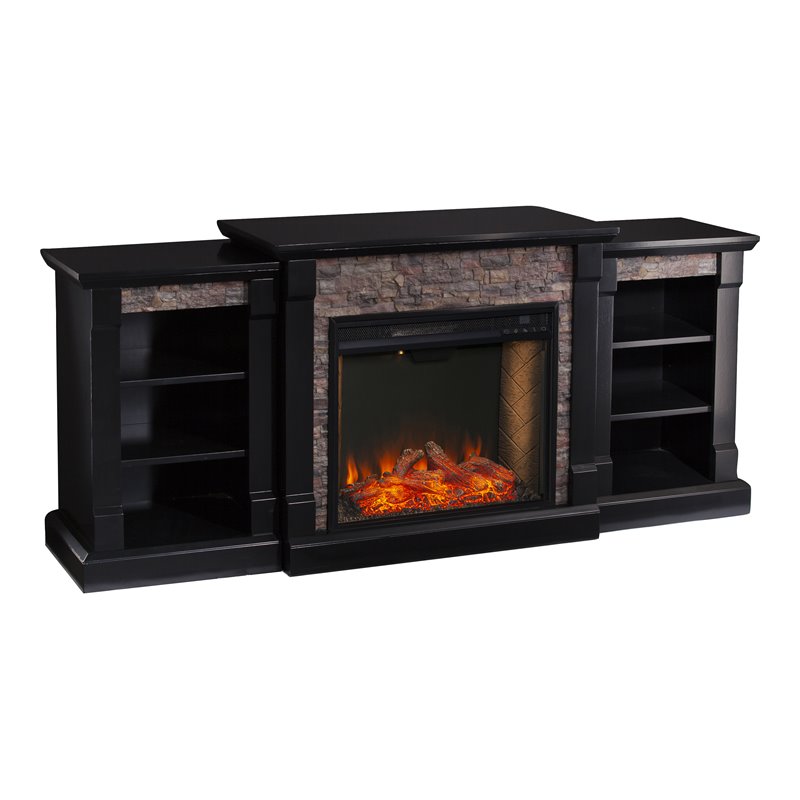 Maklaine Transitional Engineered Wood Smart Fireplace with Bookcases in Black