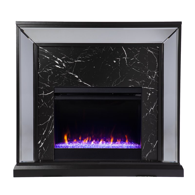 Maklaine Transitional Mirrored Wood Color Changing Fireplace in Black / Silver