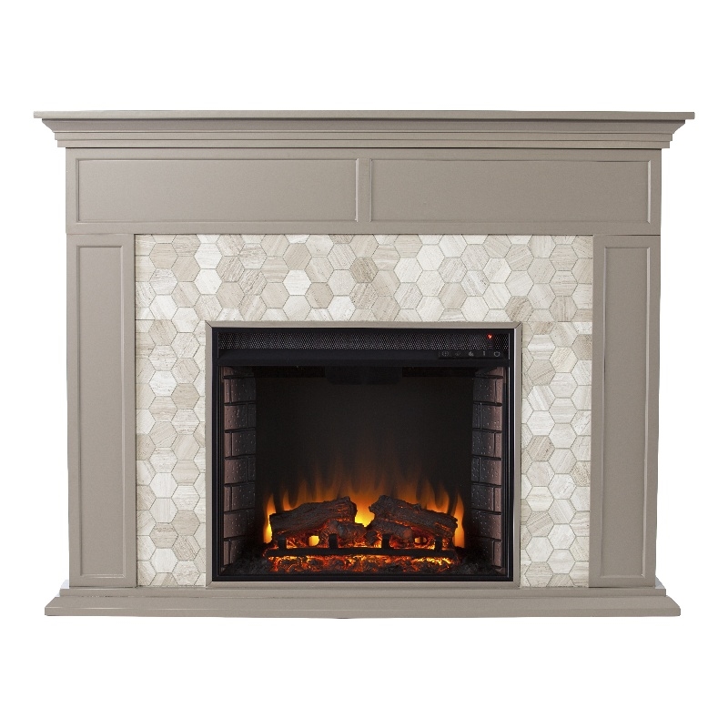 Maklaine Modern / Contemporary Marble Tiled Electric Fireplace