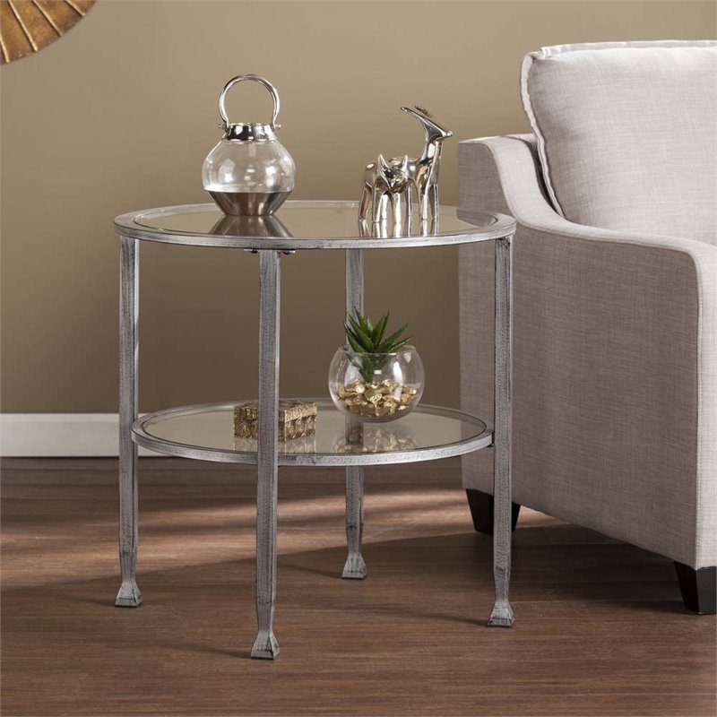 Maklaine Transitional Round Glass Top Metal End Table in Silver