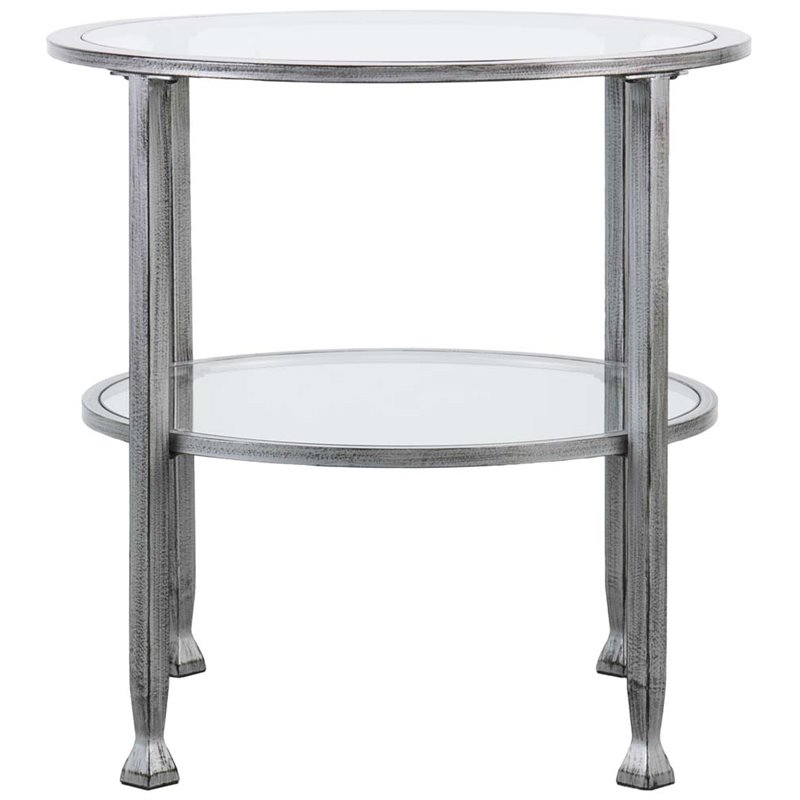 Maklaine Transitional Round Glass Top Metal End Table in Silver