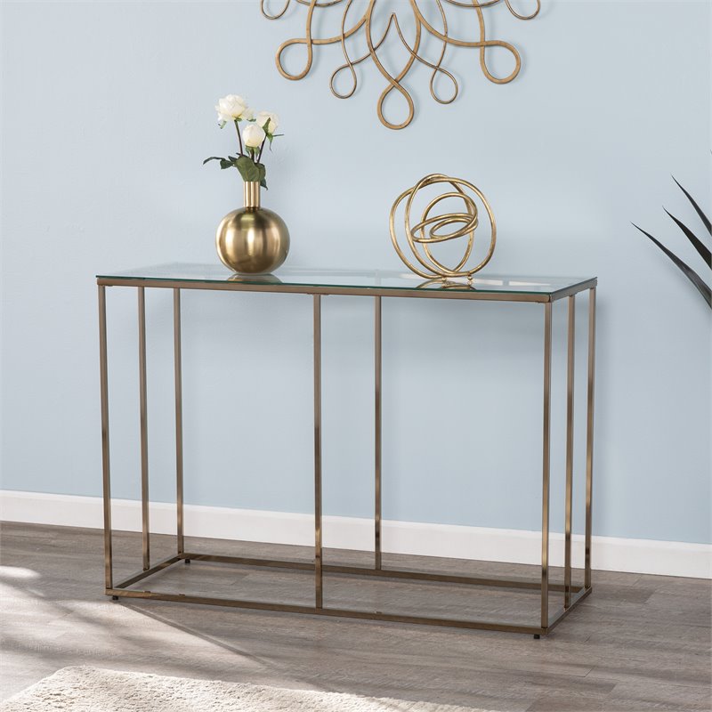 Maklaine Modern / Contemporary Glass Top Console Table Champagne