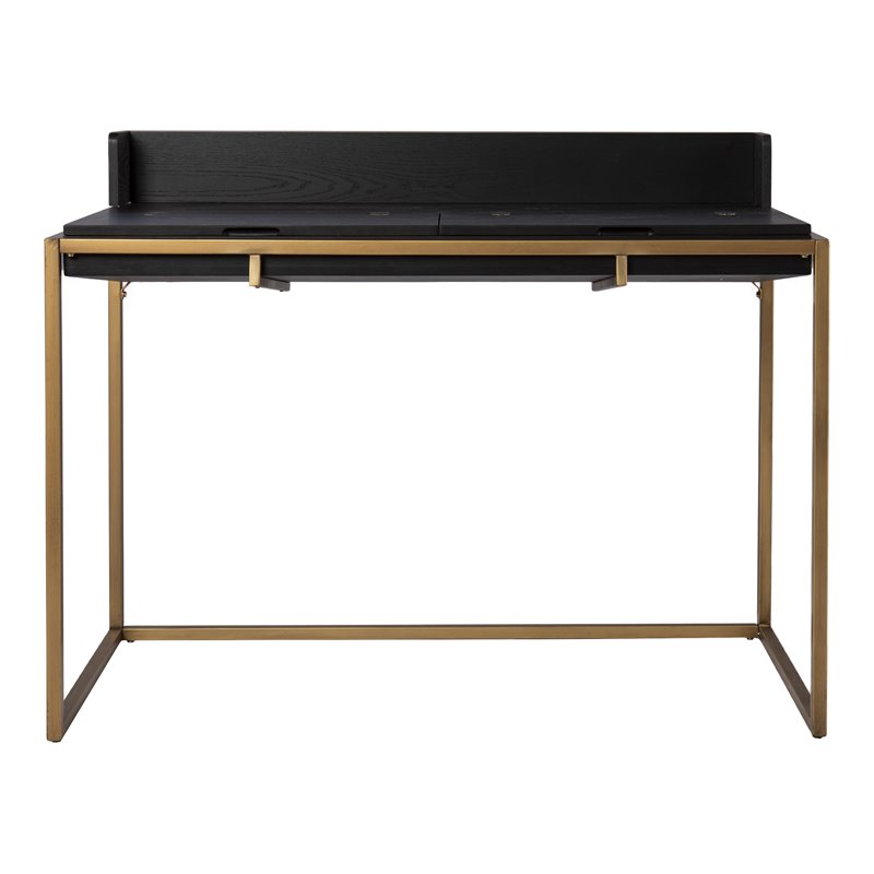 Maklaine Transitional Engineered Wood Flip Top Desk with Storage in Black / Gold