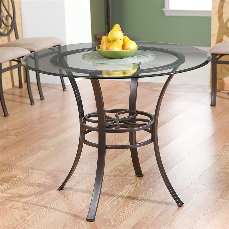 Maklaine Transitional Round Glass Top Dining Table in Dark Brown