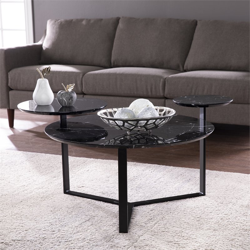 Maklaine Transitional Metal - Faux Marble Cocktail Table in Black