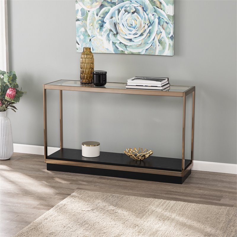 Maklaine Transitional Glass Top Console Table in Champagne - Black