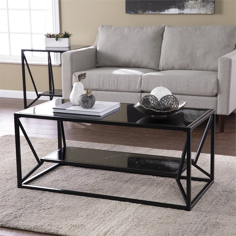 Maklaine Powder-Coated Iron Black Coffee Table Rectangular Modern 42