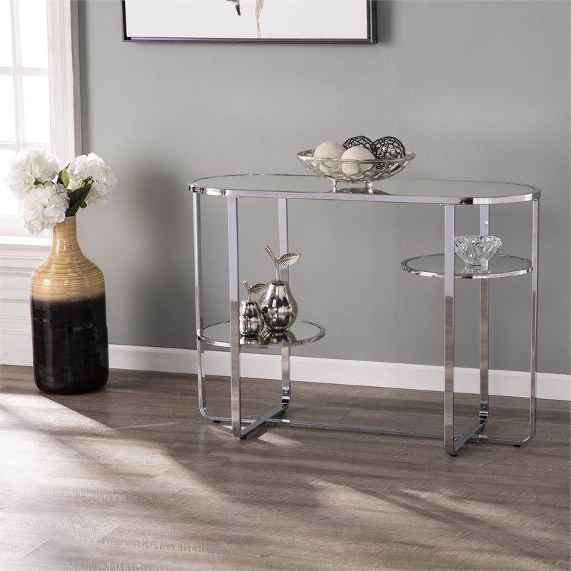 Maklaine Transitional Console Table in Polished Chrome with Mirror