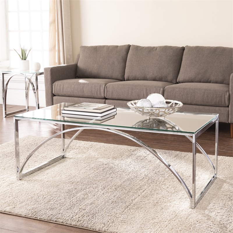 Maklaine Transitional Metal Cocktail Table with Glass Top in Silver