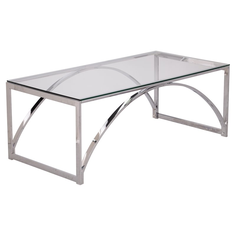 Maklaine Transitional Metal Cocktail Table with Glass Top in Silver