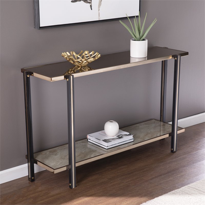 Maklaine Transitional Metal Console Table with Mirrored Top in Gold