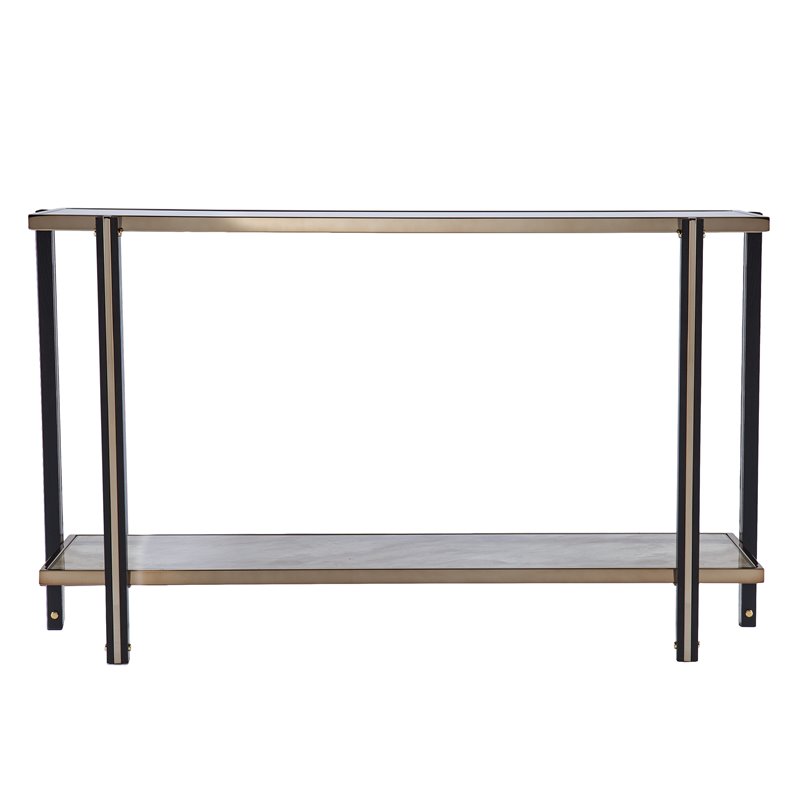 Maklaine Transitional Metal Console Table with Mirrored Top in Gold