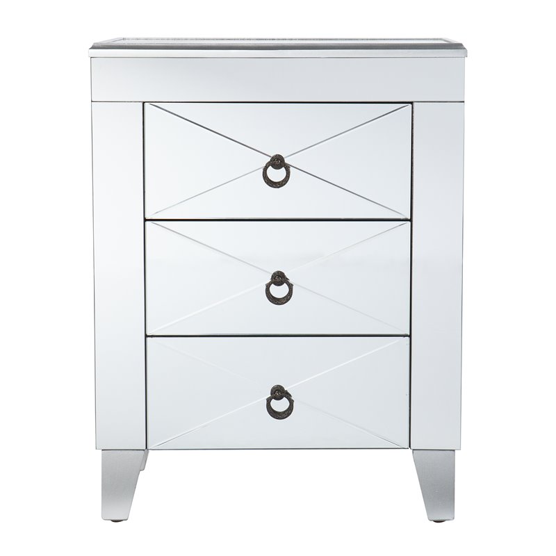 Maklaine Transitional Wood - Mirror End Table with Drawers in Silver