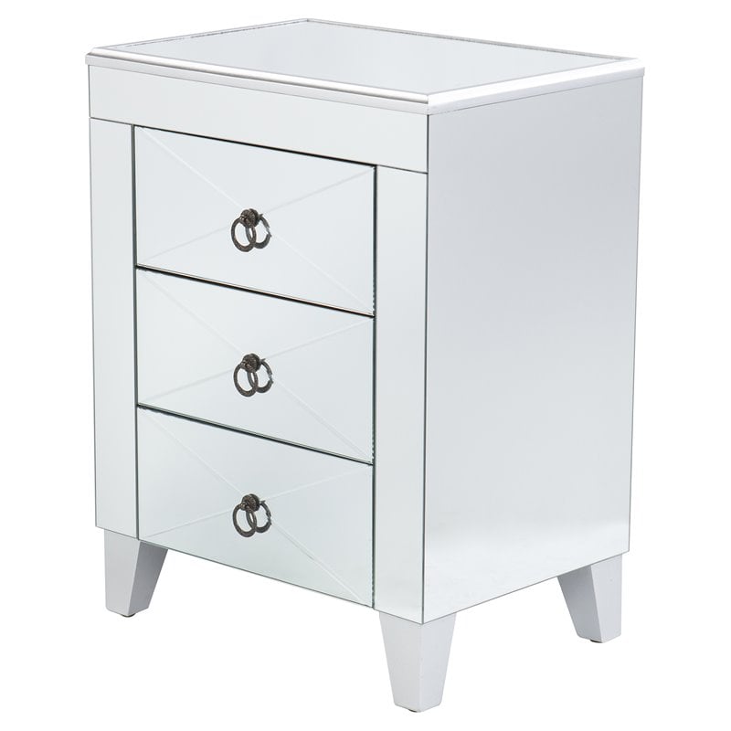 Maklaine Transitional Wood - Mirror End Table with Drawers in Silver