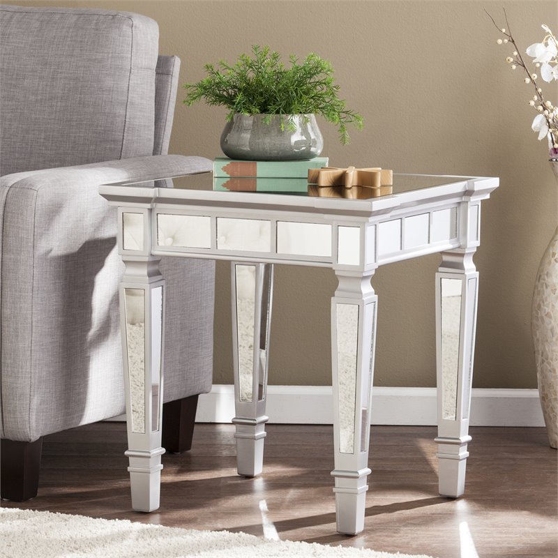 Maklaine Transitional Square Wood Mirrored End Table in Matte Silver