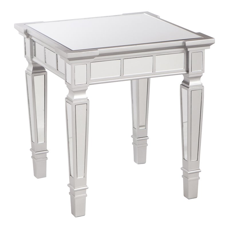 Maklaine Transitional Square Wood Mirrored End Table in Matte Silver