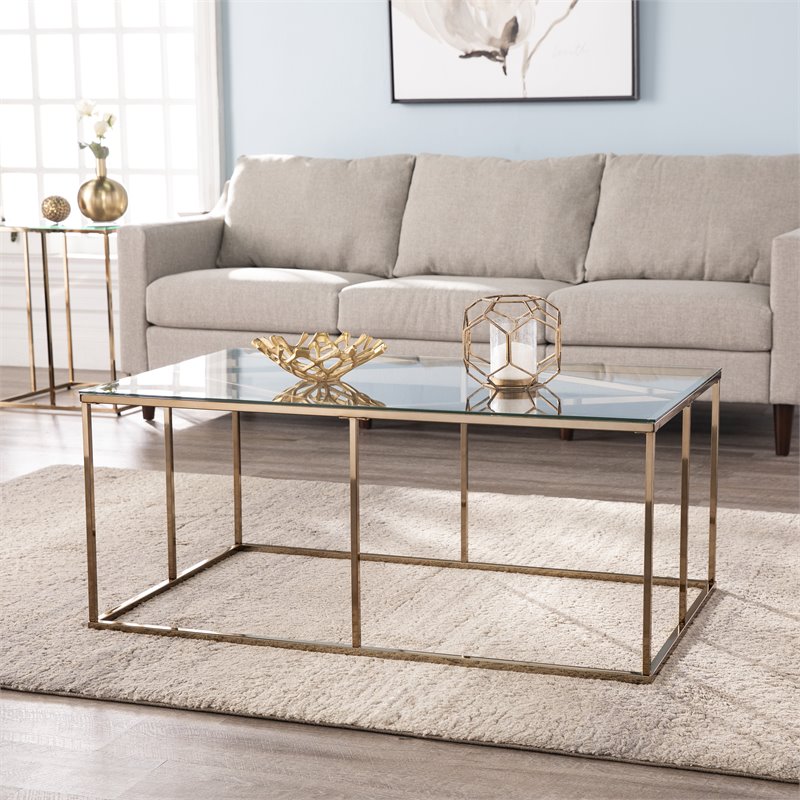 Maklaine Transitional Tempered Glass Top Cocktail Table in Champagne