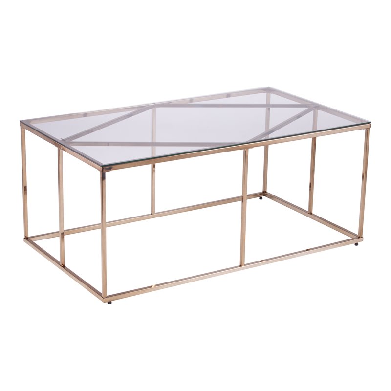 Maklaine Transitional Tempered Glass Top Cocktail Table in Champagne