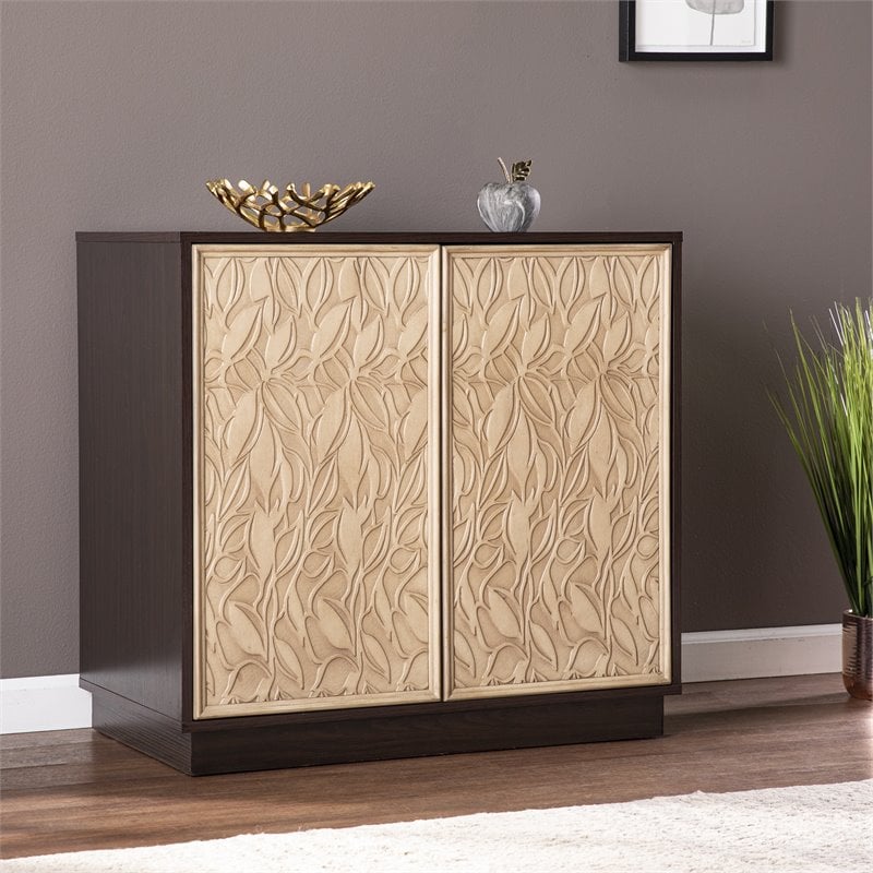 Maklaine Engineered Wood Brown Cream Accent Cabinet Rectangular Push-to-Open 31.5