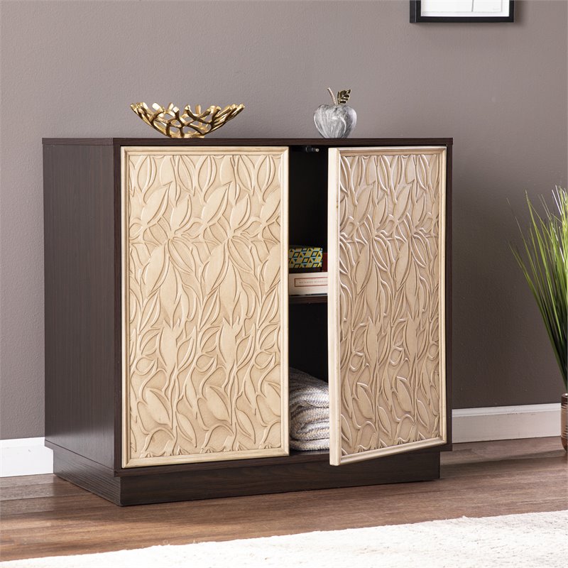 Maklaine Engineered Wood Brown Cream Accent Cabinet Rectangular Push-to-Open 31.5