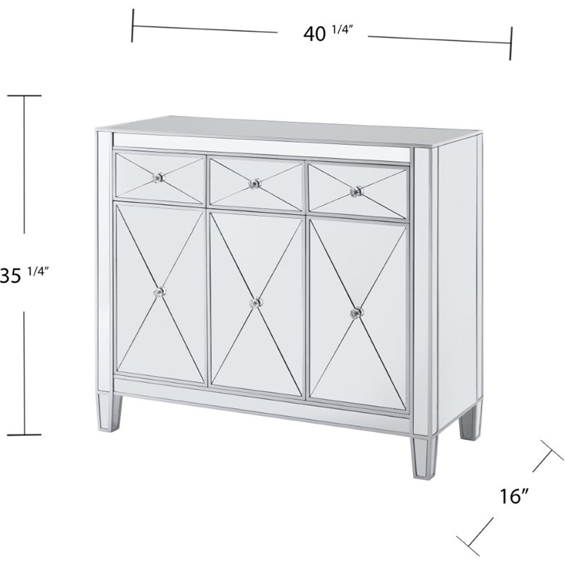 Maklaine Transitional 3-Door Mirrored Glass Sideboard in Matte Silver