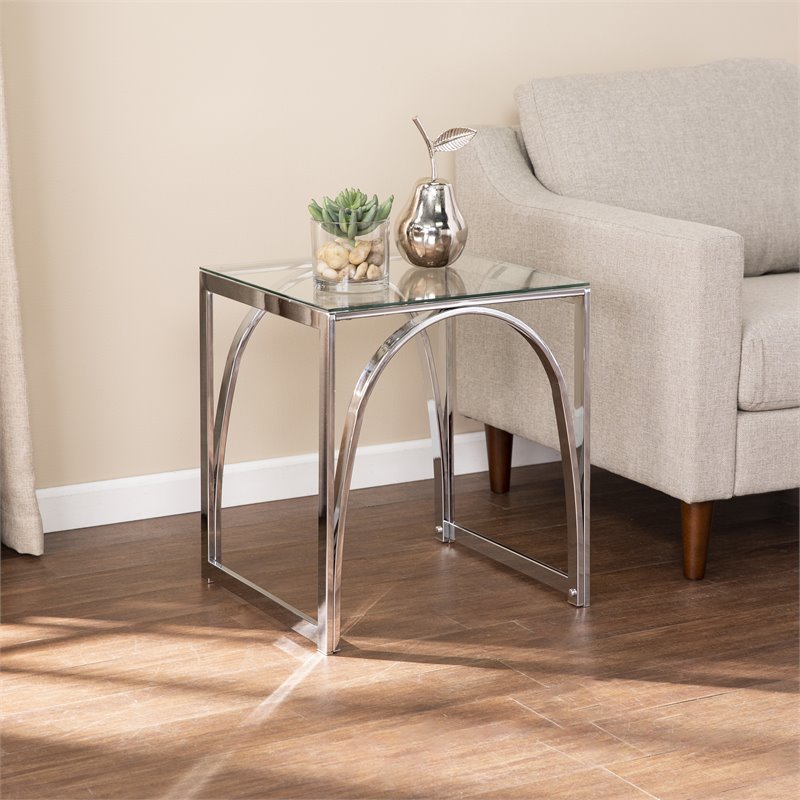 Maklaine Transitional Square Metal End Table with Glass Top in Silver