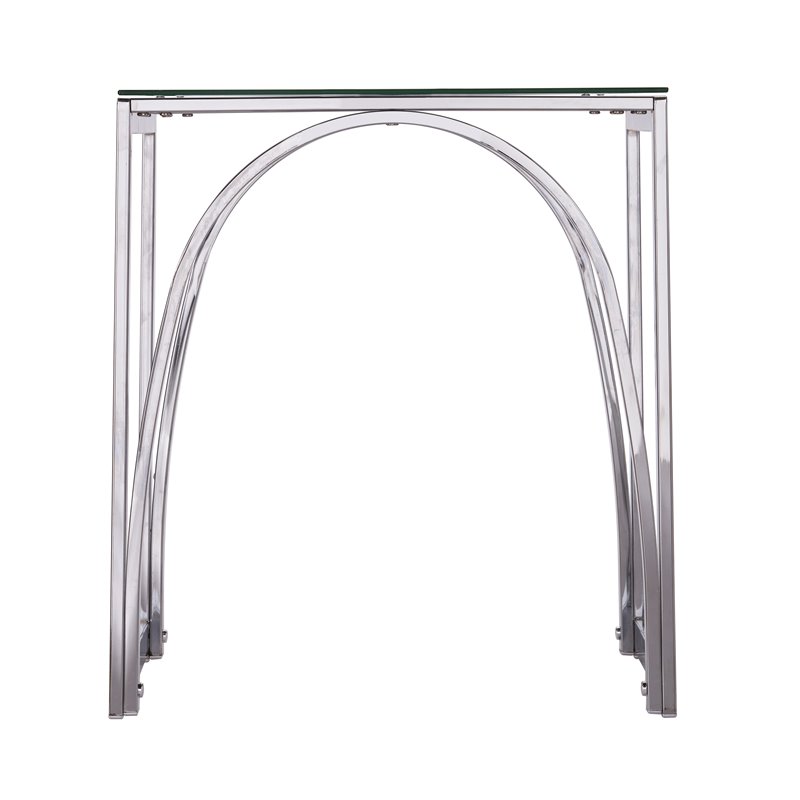 Maklaine Transitional Square Metal End Table with Glass Top in Silver