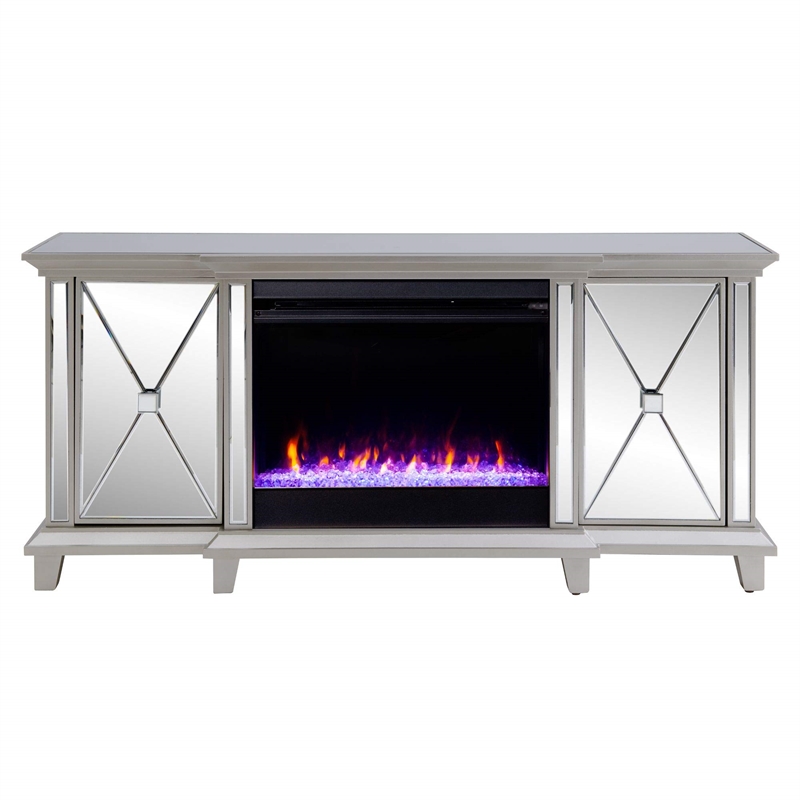 Maklaine Mirrored Electric Fireplace Media Console in Mirror / Silver
