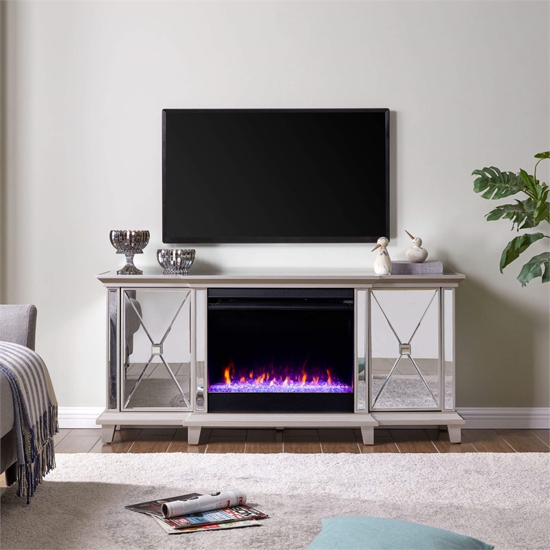 Maklaine Mirrored Electric Fireplace Media Console in Mirror / Silver