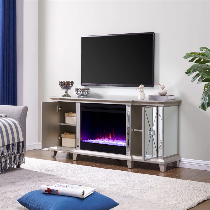 Maklaine Mirrored Electric Fireplace Media Console in Mirror / Silver