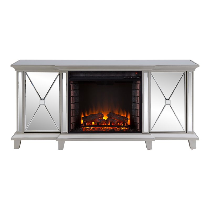 Maklaine Mirrored Electric Fireplace Media Console in Mirror / Silver