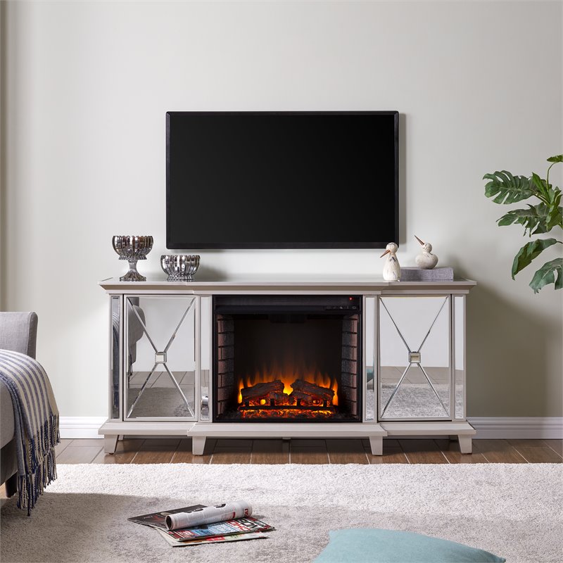 Maklaine Mirrored Electric Fireplace Media Console in Mirror / Silver