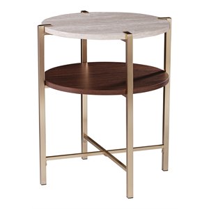Maklaine Round White Faux Travertine End Table in Brass / Dark Tobacco